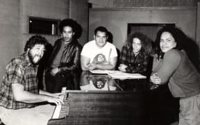 Herbs in Mascot Studios, circa 1980. Left to right: Dilworth Karaka, Spencer Fusimalohi, Fred Faleauto, Phil Toms, Toni Fonoti.