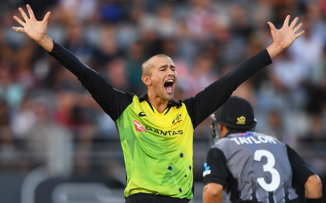 Australian spinner Ashton Agar goes up for an appeal in the T20 Tri Series final against New Zealand at Eden Park in Auckland.