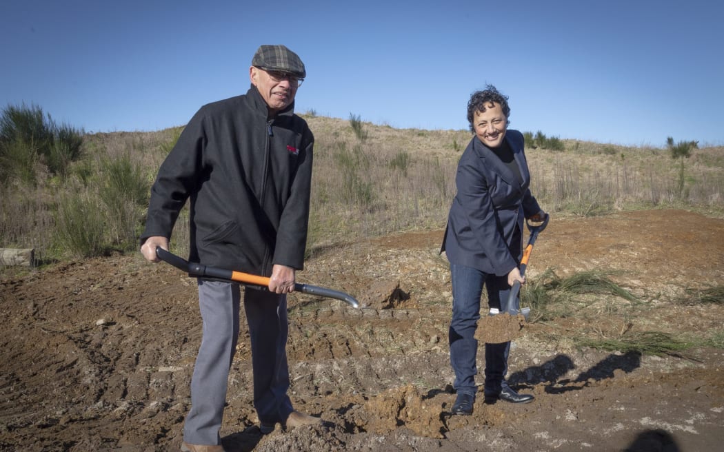 Minister of Regional Development Kiri Allan and Peka Lands Trust trustee Andrew Kusabs at the sod turning for a new industrial park south of Rotorua.