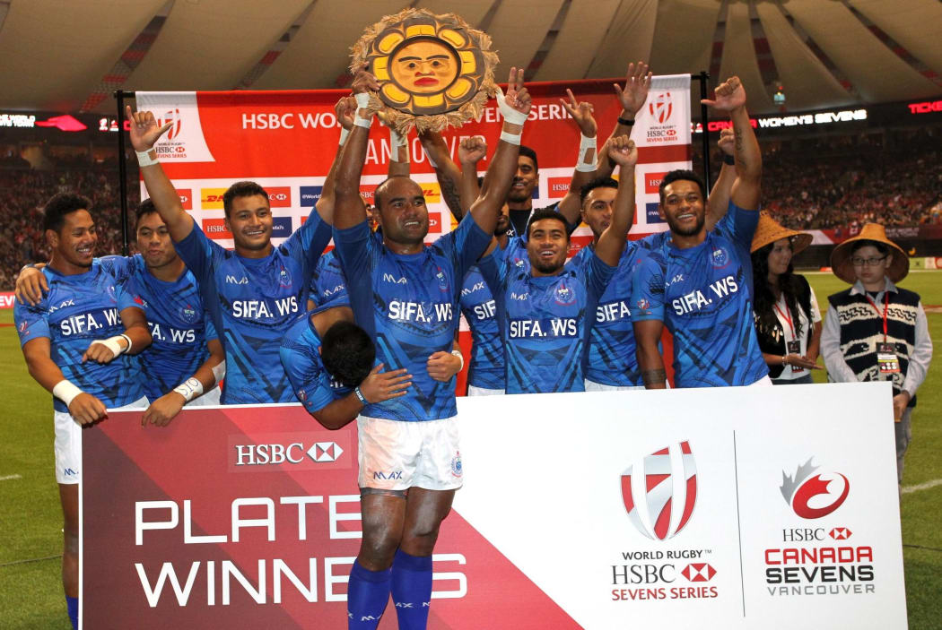 Samoa celebrate winning the Plate title in Vancouver.