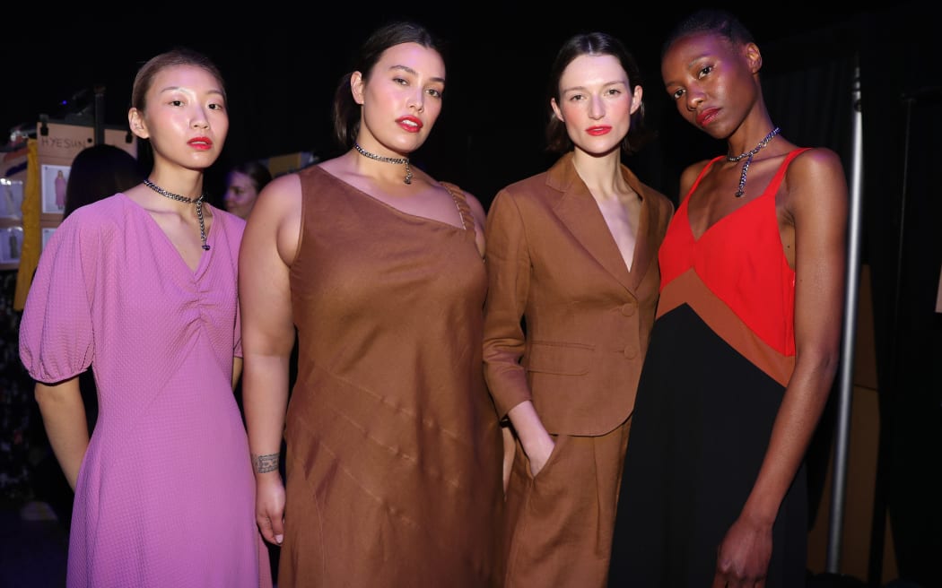 AUCKLAND, NEW ZEALAND - AUGUST 31: Models pose backstage ahead of the Kate Sylvester show during New Zealand Fashion Week 23: Kahuria at Viaduct Events Centre‎ on August 31, 2023 in Auckland, New Zealand.