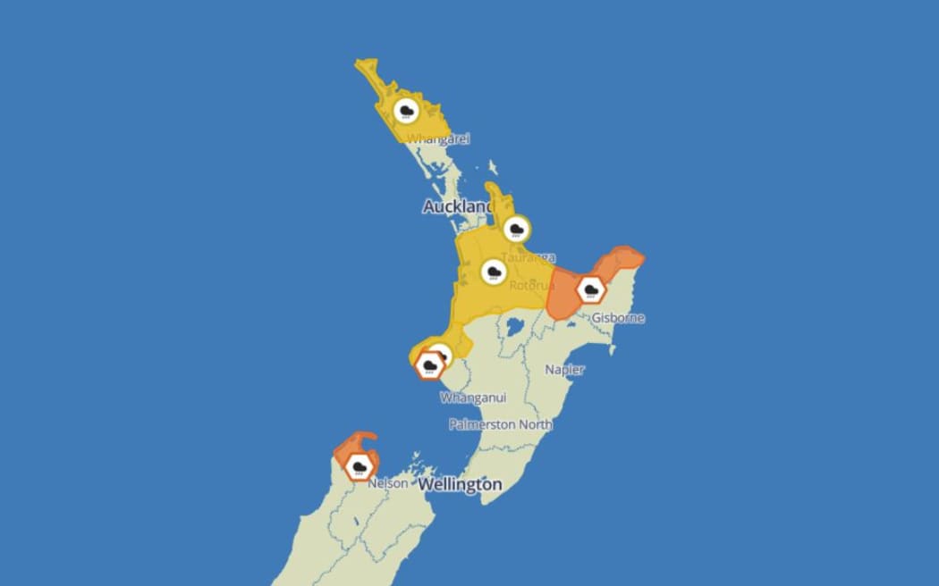 MetService's weather watches and warnings for the weekend of 22-23 June. Weather warnings are denoted by orange, while weather watches are yellow.