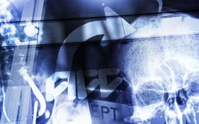 Stylised composite of ACC logo, x-rays, and exit sign.