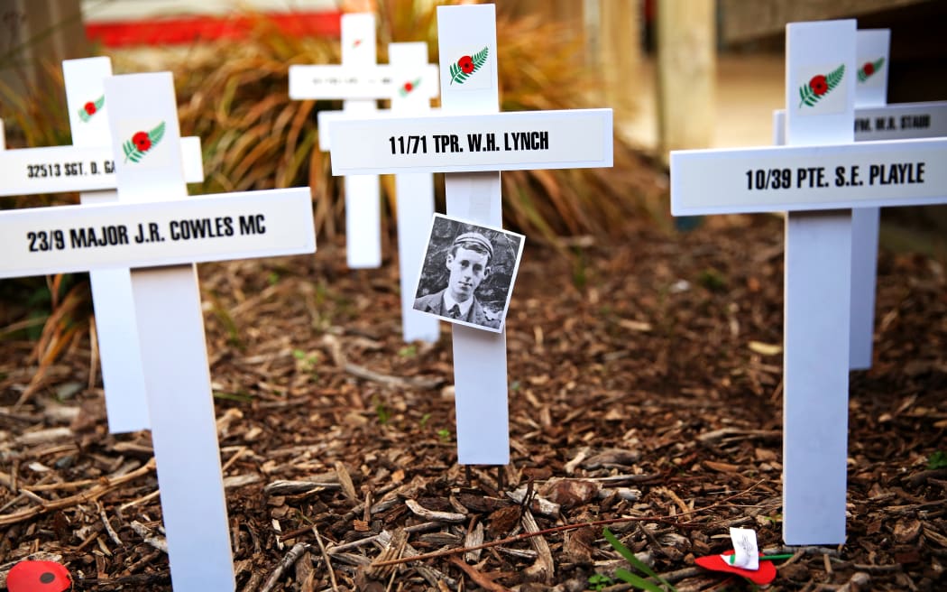 Crosses in a garden in Wellington pay tribute those who died in WWI.