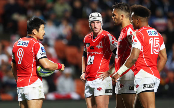 Sunwolves halfback Fumiaki Tanaka,  first five Hayden Cripps, centre William Tupou and fullback Kotaro Matsushima during the Super Rugby rugby match - Chiefs v Sunwolves played at FMG Stadium Waikato, Hamilton, New Zealand on Saturday 29 April 2017.  Copyright photo: Bruce Lim / www.photosport.nz