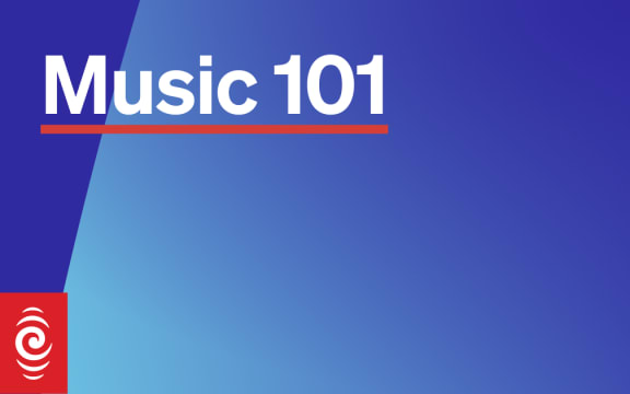A digital graphic design for 'Music 101' features a gradient blue background with diagonal shapes. The show's title, 'Music 101,' is in bold white text with a red underline. In the bottom left corner, there is a red square containing a white spiral logo, representing RNZ