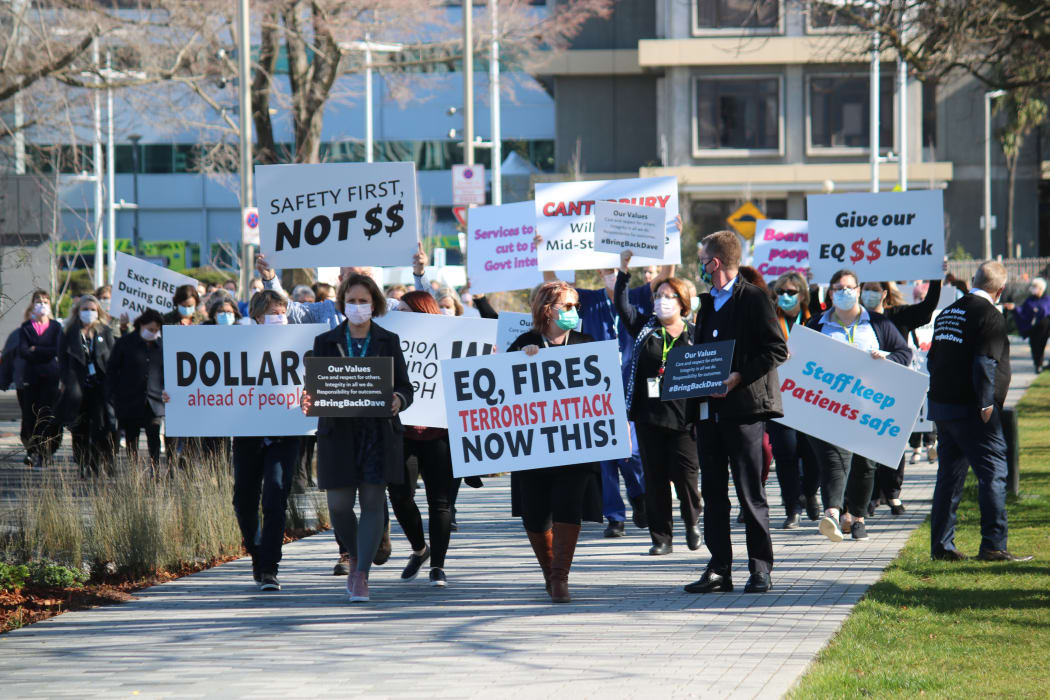 Protesters gather outside of the Canterbury Health Board corporate office on 20 August.