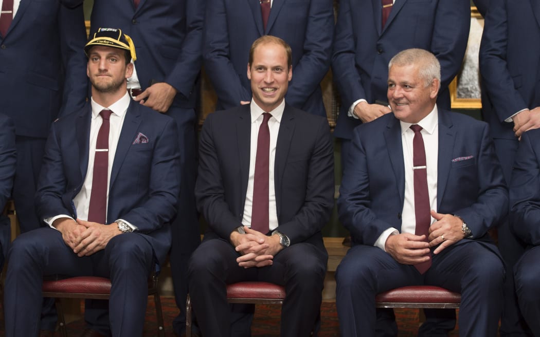 Prince William (middle), Wales Sam Warburton (left), and Wales' head coach Warren Gatland pose for a group photograph during the Wales' Welcome Ceremony for the Rugby World Cup.