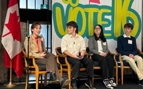 New Zealanders Caeden Tipler and Sage Garrett (far left) during a panel discussion on voting age court case challenges at the #Vote16 Canada summit.