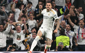 Real Madrid's Spanish forward Joselu celebrates scoring.