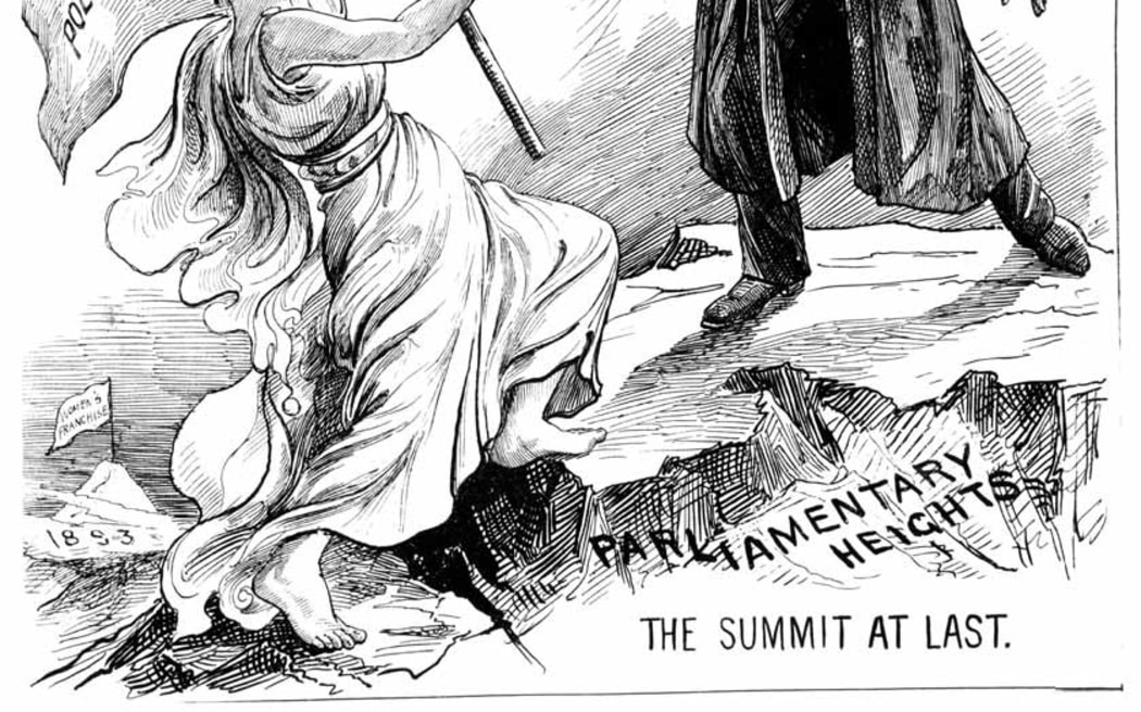 Engraving from  New Zealand Graphic, 21 July 1894, a woman holds a flag proclaiming ‘Perfect Political Equality’