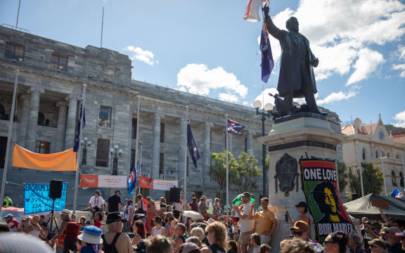 Anti-vaccine, anti-mandate protest in Wellington on Parliament grounds on ninth day - 16 February 2022.