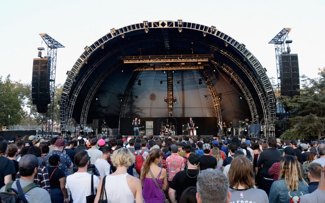 (From left) Musicians Steve Albini, Todd Trainer and Bob Weston of Shellac perform onstage during FYF Fest 2016 at Los Angeles Sports Arena on 27 August, 2016 in Los Angeles, California.