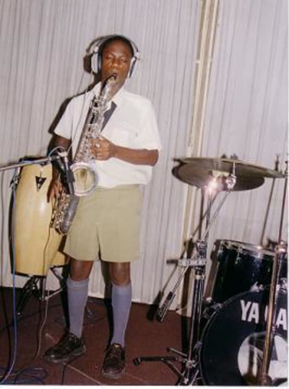 A young Thabani Gapara in studio with Dudu Manhenga and Color Blu