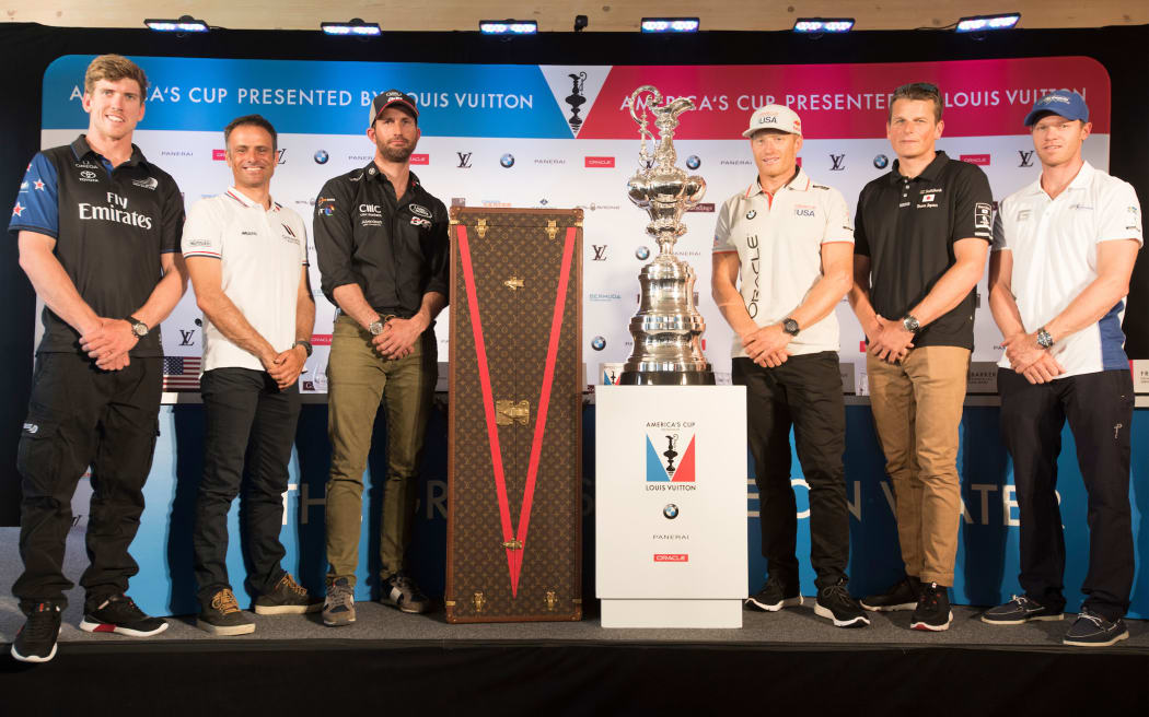 Helmsmen Peter Burling of Emirates Team New Zealand, Franck Cammas of Groupama Team France, Sir Ben Ainslie of Land Rover BAR (UK), Jimmy Spithill of Oracle Team USA, Dean Barker of Softbank Team Japan and Nathan Outteridge of Artemis Racing