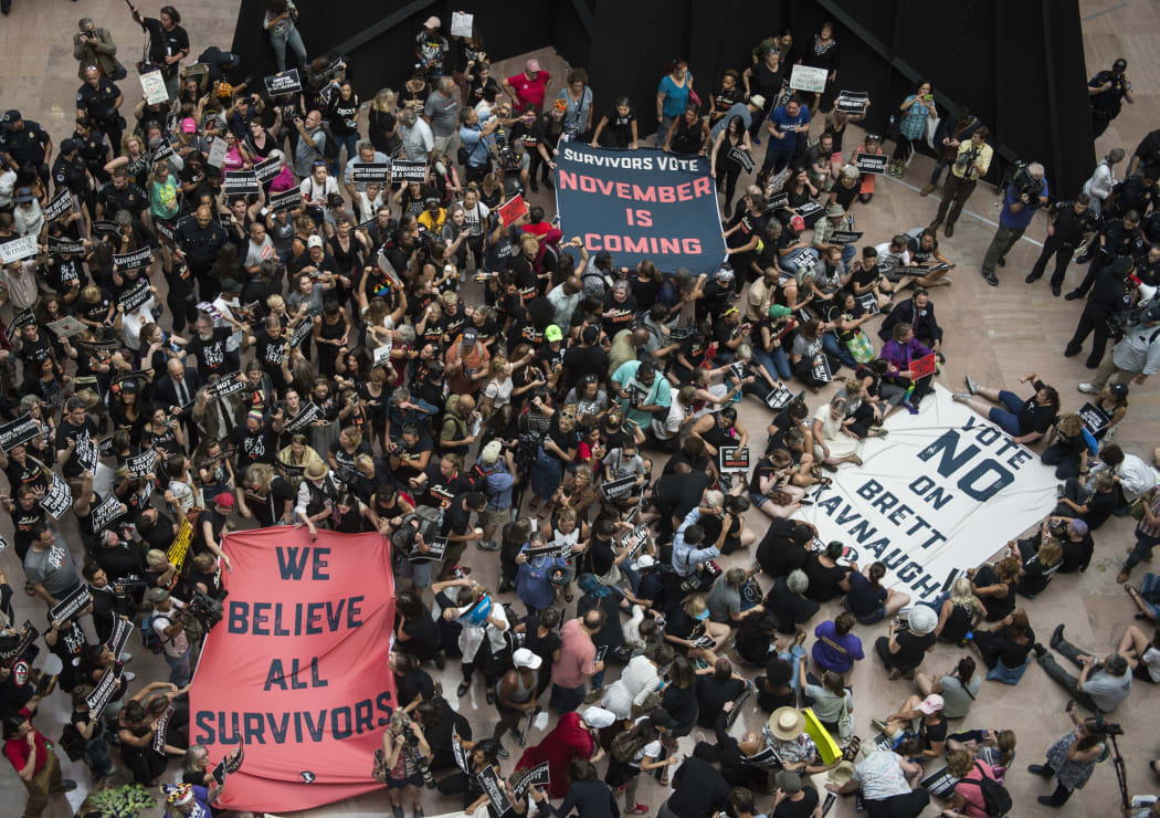 Protesters occupy the Senate Hart building during a rally against Supreme Court nominee Brett Kavanaugh on Capitol Hill in Washington, DC.