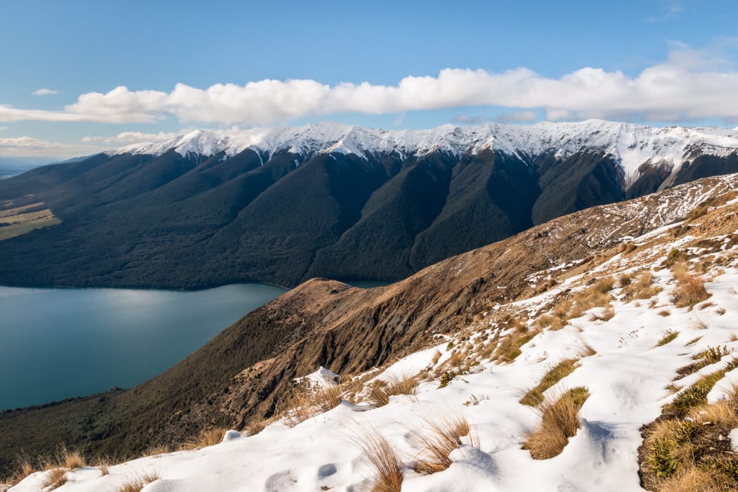 Mount Robert, Lake Rotoiti and Saint Arnaud Range in winter, South Island, New Zealand