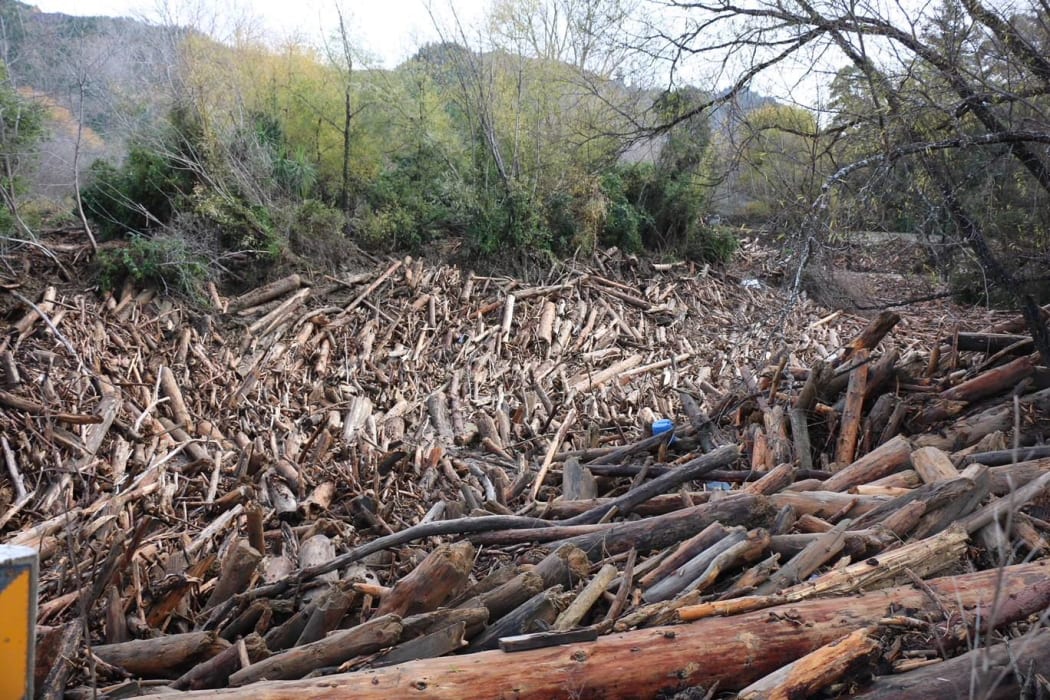 Logging detritus brought down by heavy rain sits at the Mangatokerau Bridge, near Tolaga Bay on the East Coast.