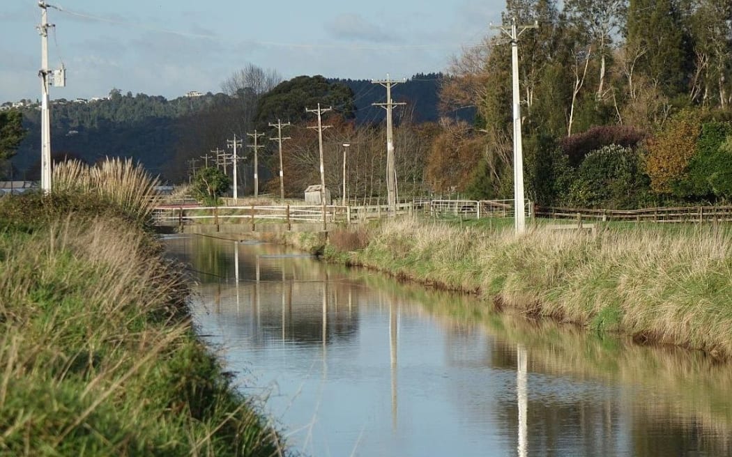 View along canal with pasture and trees on either side
