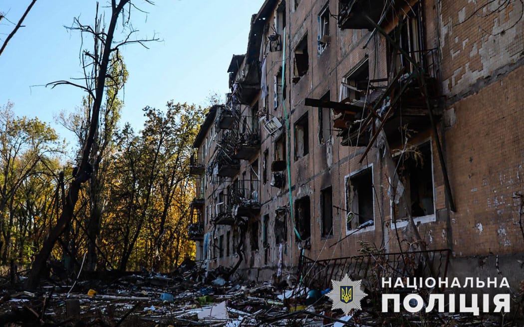 Damaged apartment buildings in Avdiivka in the eastern Donetsk region, shown in a handout released on 24 October, 2023.