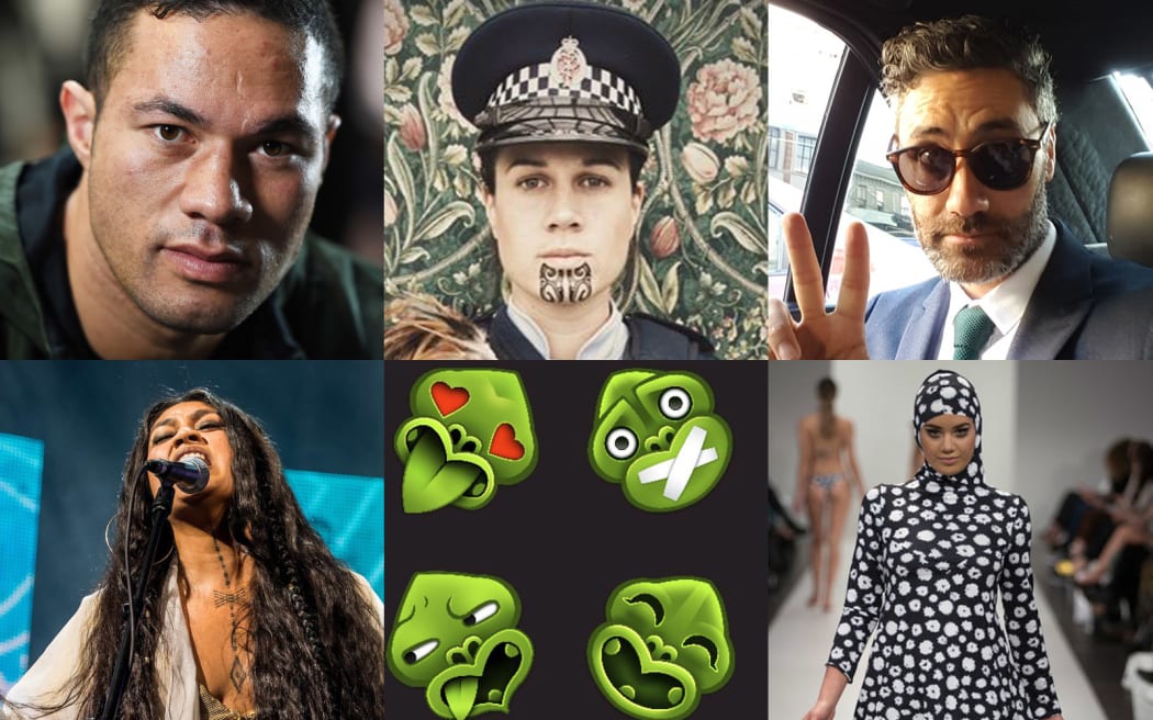 Clockwise from top left: Jospeh Parker, Krista Kite, Taika Waititi, a burkini on the catwalk at NZ Fashion Week, Aaradhna at the NZ Music Awards, emotikis.