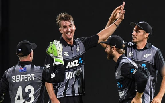 Black Caps bowler Blair Tickner celebrates a wicket against India in a T20 international at Seddon Park, Invercargill, 10 February 2019 (© Copyright photo: Andrew Cornaga / www.photosport.nz)