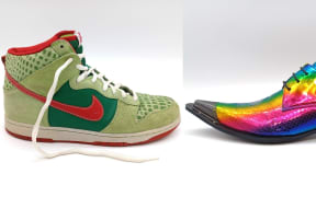 A pair of Nike Dunk High Pro SB Dr Feelgoods owned by Nigel Borell and an unidentified pair of dress shoes owned by Wellington city councillor Karepa Wall feature in the new Dowse Art Museum exhibition Well-Heeled.