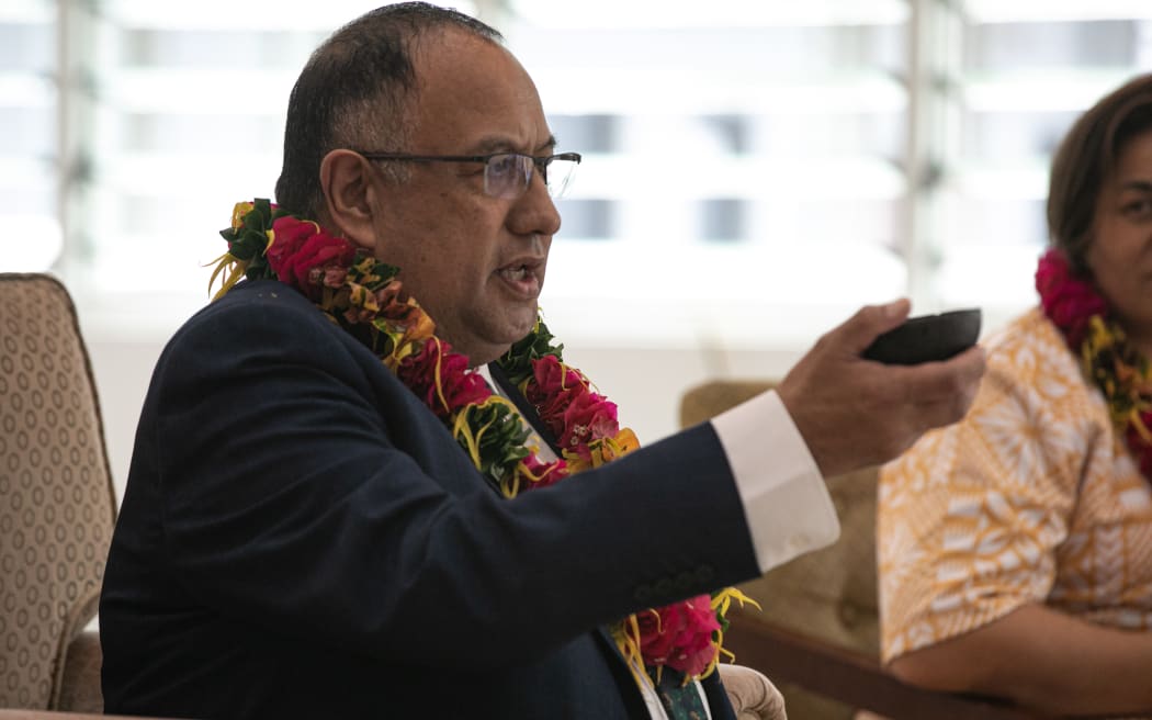 New Zealand's Speaker of Parliament, Adrian Rurawhe, responds to a welcome at an ava ceremony in Apia where he led an inter-parliamentary visit by a cross-party group of MPs. 11 July 2023