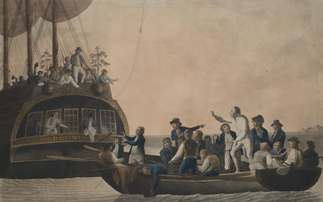 A painting depicting the captain and crew of the HMS Bounty being set adrift by mutineers, painted by Robert Dodd, painted in 1790.