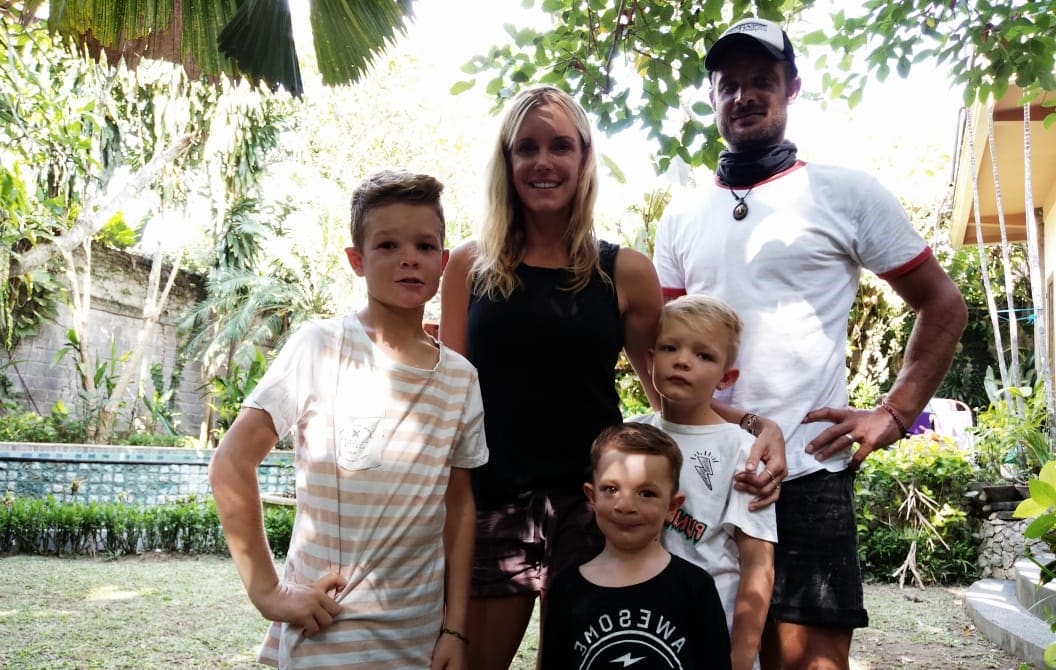 Amy Montagu and John de Monchy with their sons Leo, Ari and Benny in Bali.