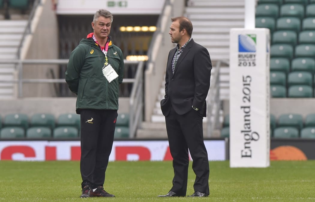 South Africa rugby coach Heyneke Meyer and administrator Andy Marinos.