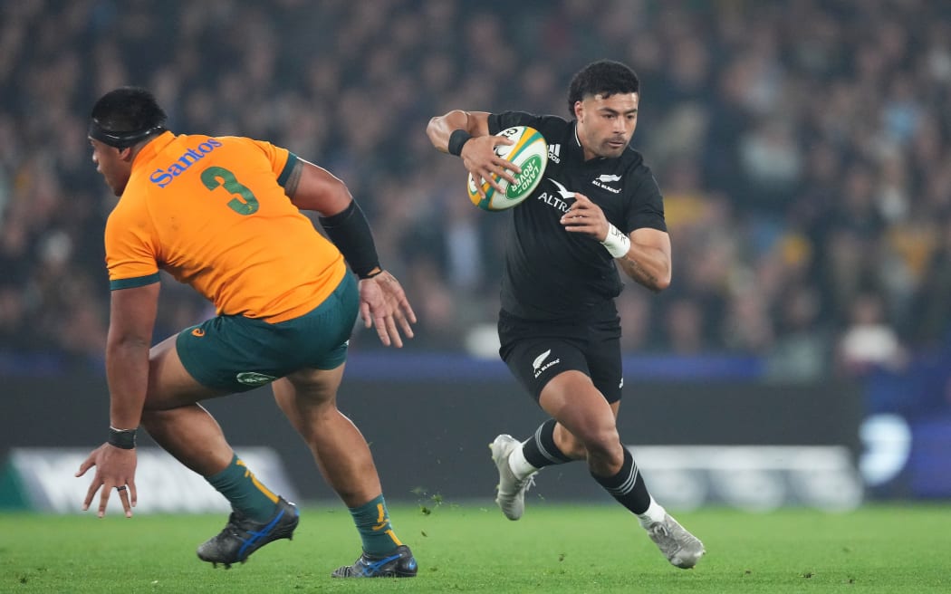 Richie Mo’unga evades a tackle during the Wallabies v All Blacks Bledisloe Cup match at Marvel Stadium, Melbourne.
