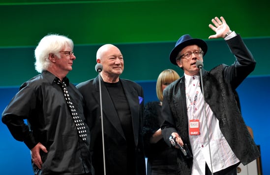 The surviving members of Ray Columbus And The Invaders are inducted into the New Zealand Music Hall of Fame at Vector Arena in 2009. Dinah Lee stands behind Dave Russell, Billy Kristian and Ray Columbus.