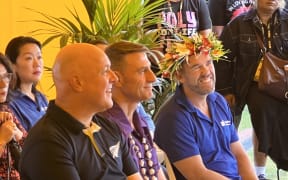 From left: Prime Minister Christopher Luxon, ASB Polyfest Chair Steven Hargreaves, and National MP Greg Fleming as Festival Director Seiuli Terri Leo-Mauu speaks on Polyfest’s legacy and supporting youth. LDR SINGLE USE
