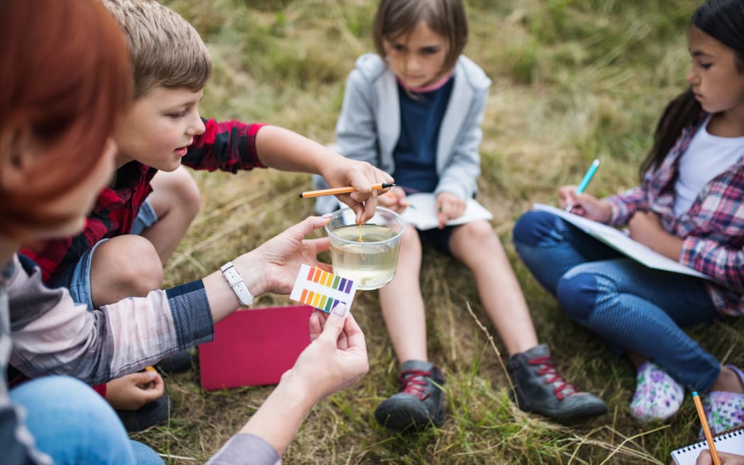 A group of small school children with teacher on field trip in nature, learning science.