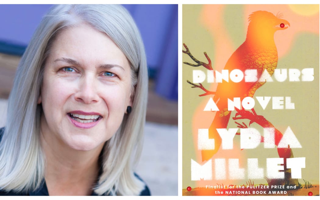 collage of photo of Lydia Millet and her book cover for Dinosaurs