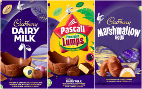 Cadbury chocolate eggs l-r Dairy Milk Easter Egg with Mini Eggs, Pineapple Lumps and Marshmallow Eggs.