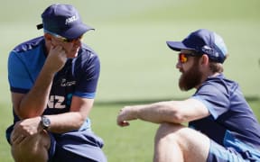 Head coach Gary Stead with New Zealand's Kane Williamson at a training session prior to the first T20 cricket match between New Zealand and Pakistan at Eden Park in Auckland.