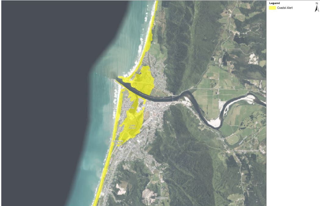 The aerial map overlay of greater Greymouth including the suburb of Cobden to the north of the Grey River mouth and the suburb of Blaketown. The area referred to as Lake Karoro was mostly filled-in from the 1950s for land reclamation purposes.