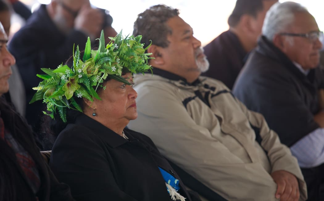 Pa Upokotini Ariki of Takitumu Vaka, with a lush flower crown, visited Ihumātao, bringing a message of peace and aroha.