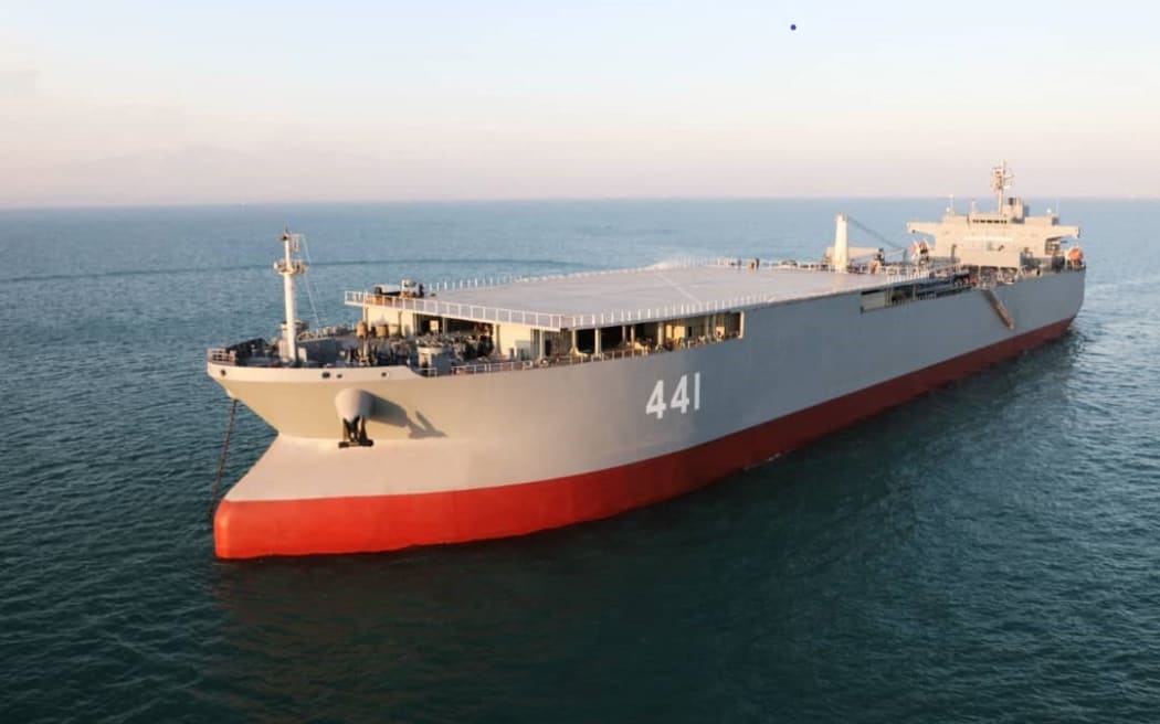 A handout photo made available by the Iranian Army office on January 13, 2021, shows Iran-made warship Makran in a military drill in the Gulf of Oman.