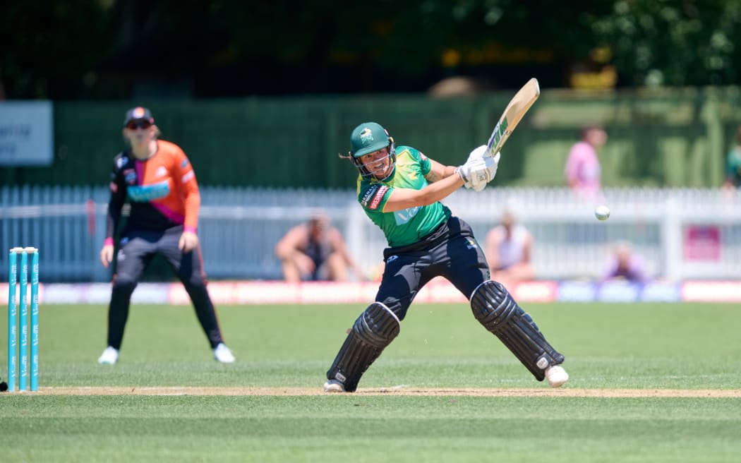 Thamsyn Newton scores runs for Central Hinds against Northern Brave in their women's Super Smash match in Palmerston North.