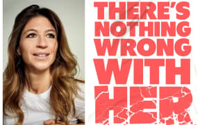 Author Kate Weinberg smiling. Next to her is the white and red cover of her book 'There's Nothing Wrong With Her'.