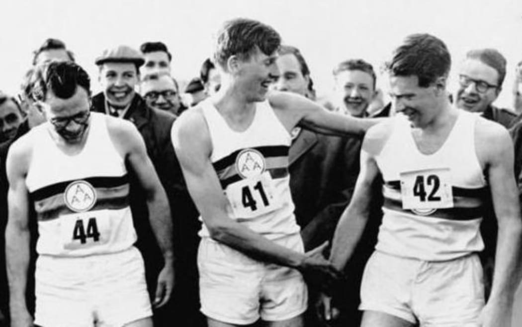 Sir Roger Bannister (centre)  alongside pacesetters Chris Chataway (right) and Chris Brasher when he broke the mile world record