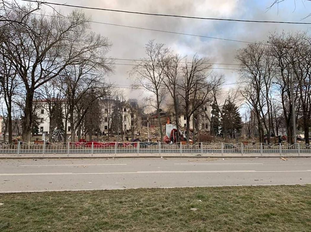 An image published on the Telegram account of Donetsk governor Pavlo Kirilenko on 16 March, 2022, shows the Drama Theatre destroyed by shelling in Mariupol.