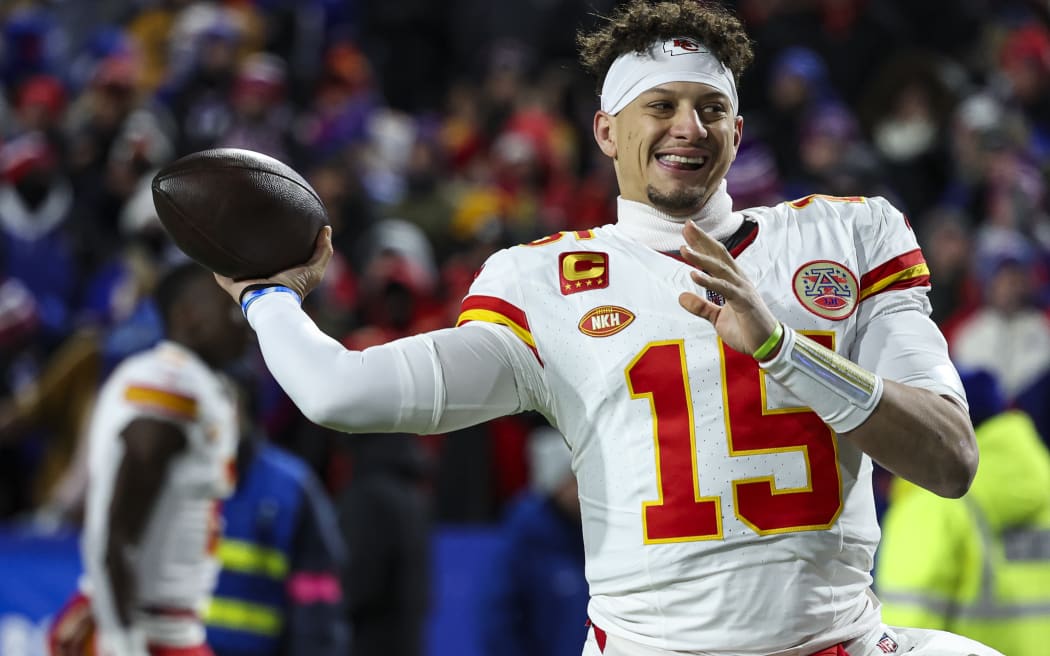 Patrick Mahomes #15 of the Kansas City Chiefs warms up.