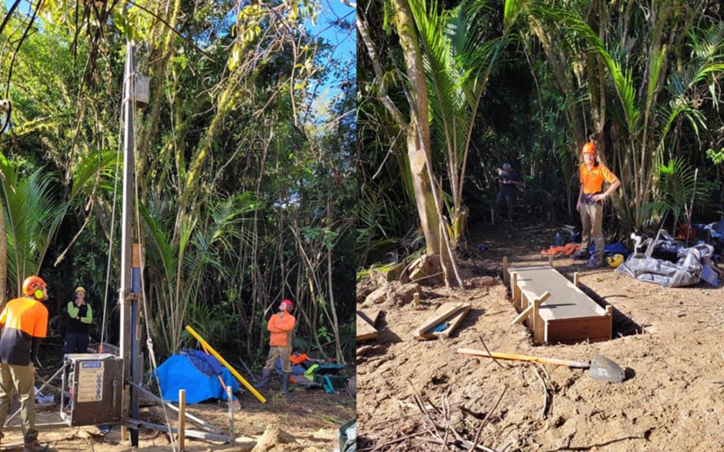 Staff from the Department of Conservation Hokitika team recently started work on the foundations for one end of the new Heaphy River bridge replacement. A portable pile driving rig was used to drive two 7m long steel piles under what will be towers for the new bridge on the true left bank of the river. A reinforced concrete pad was then poured for the bridge tower to sit on. In the photos the portable pile driving rig was in action (left) and the reinforced pad was then poured over the top (right).