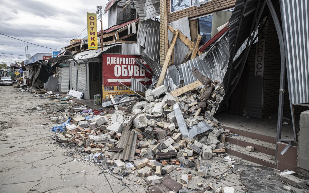 A view from the abandoned and damaged market area in Kupiansk in Ukraine's Kharkiv province, after the city was regained from Russian forces on 20 September 20, 2022.