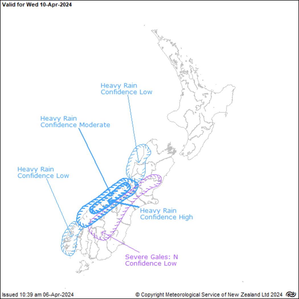 A map of likely severe weather warnings for 10 April, 2024.