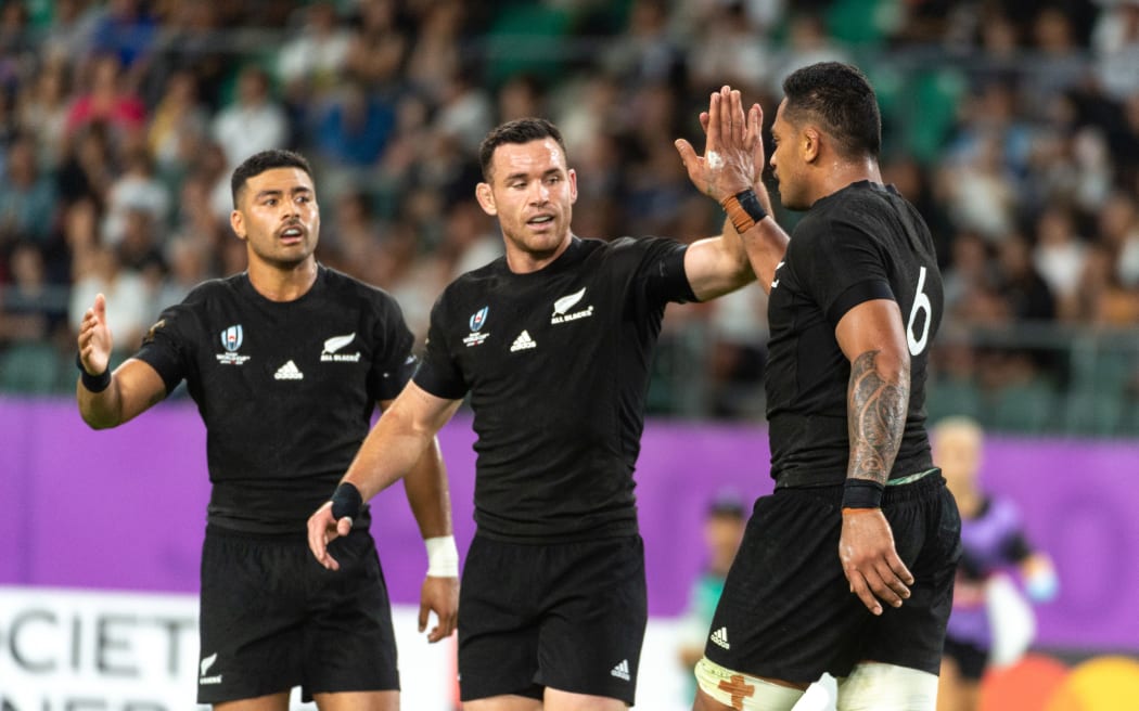 All Blacks Richie Mo'unga, Ryan Crotty and Shannon Frizell.